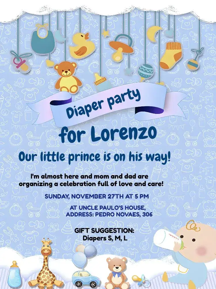 Invitation Blue Teddy Bear Baby Shower – Diaper Shower theme blue, children's, cute, animal illustrations, fun, soft