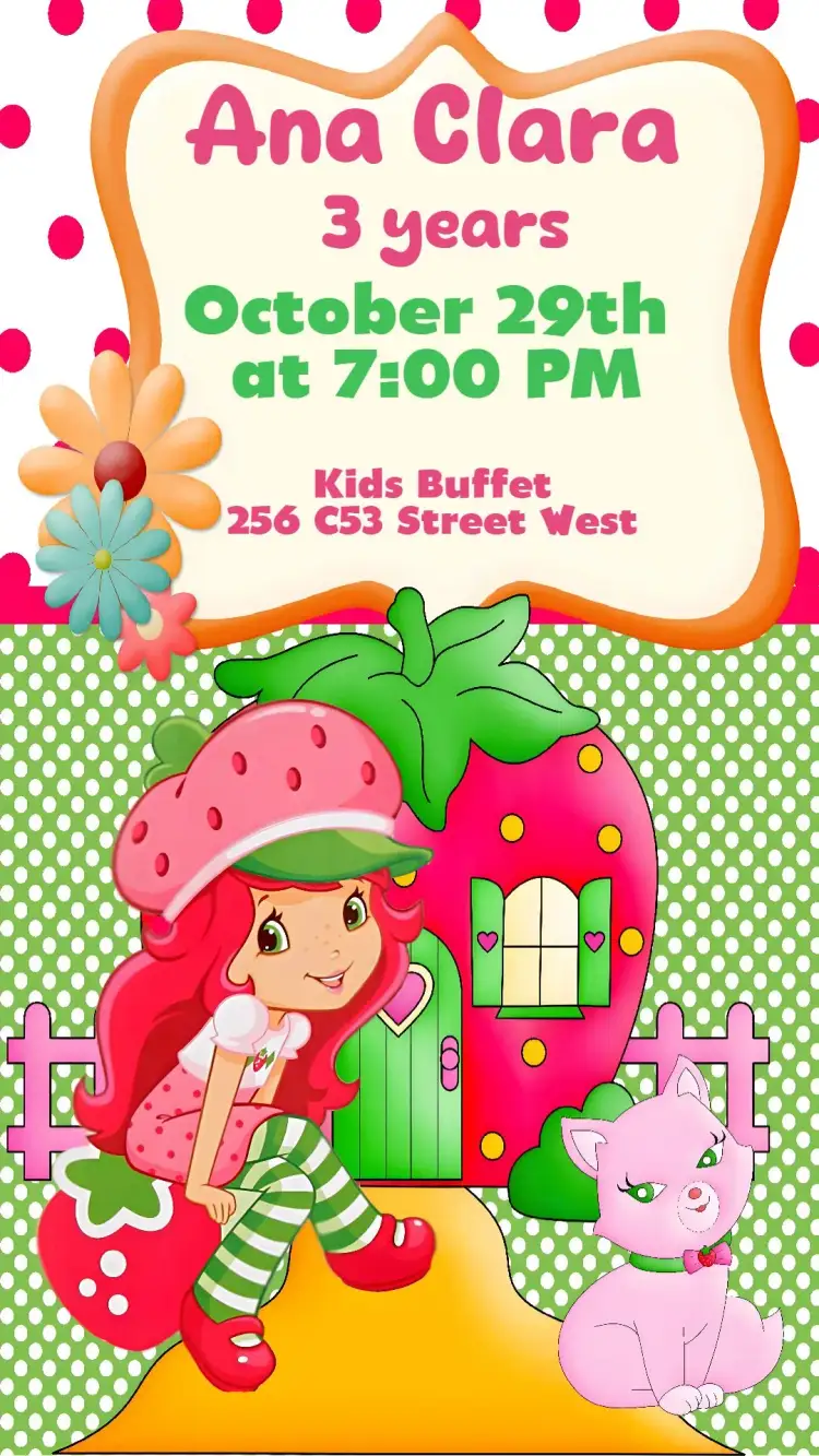 Invitation Strawberry – Kids' Birthday Party theme colorful, fruity, fun-filled, cheerful, childlike, vibrant