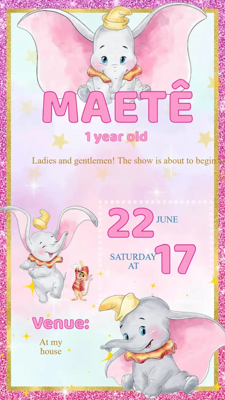 Invitation Birthday Invitation Pink Dumbo – Kids' Birthday Party theme pink, playful, colorful, animals, themed party