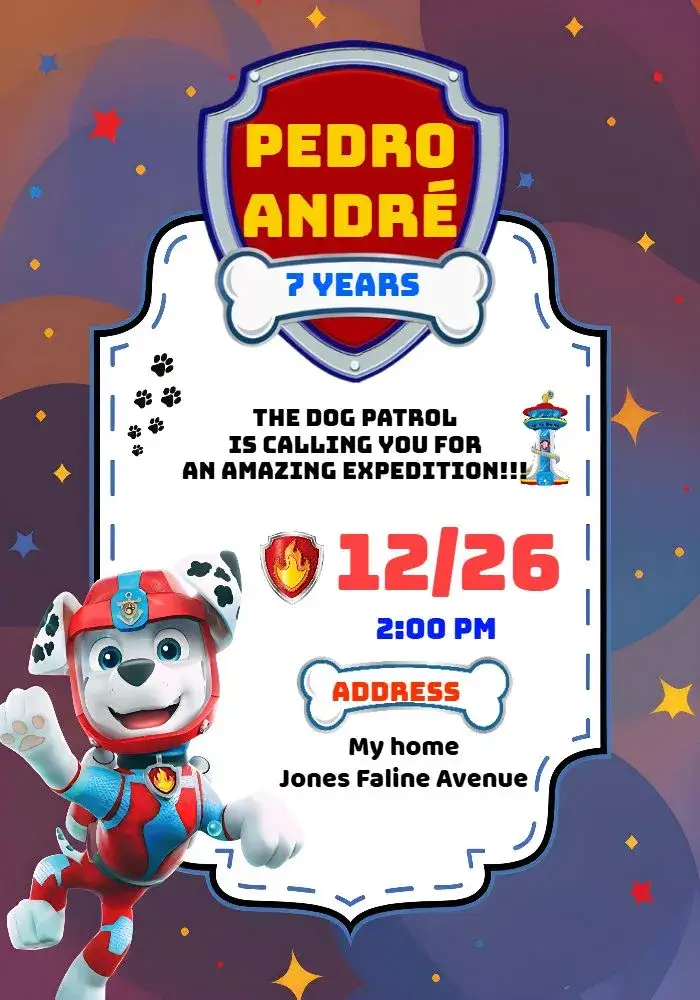 Invitation Paw Patrol Marshall Boy – Kids' Birthday Party theme colorful, fun-filled, themed, lively, child-friendly