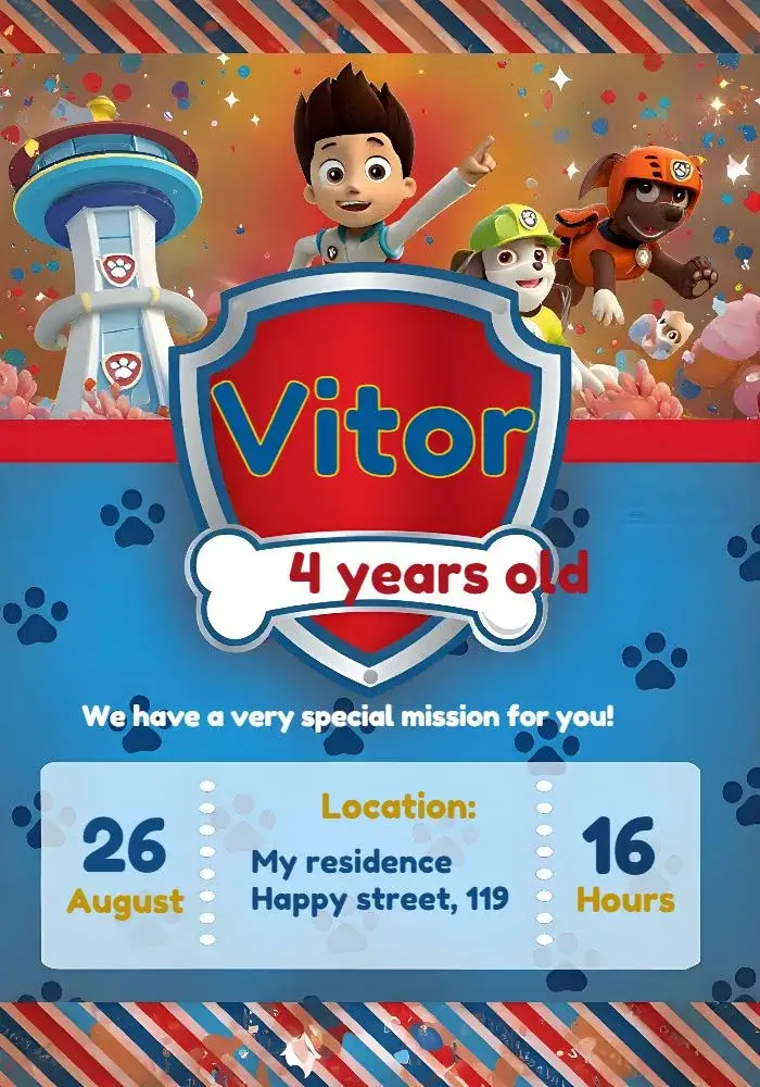 Invitation Blue Paw Patrol – Kids' Birthday Party theme blue, colorful, fun, childish, themed