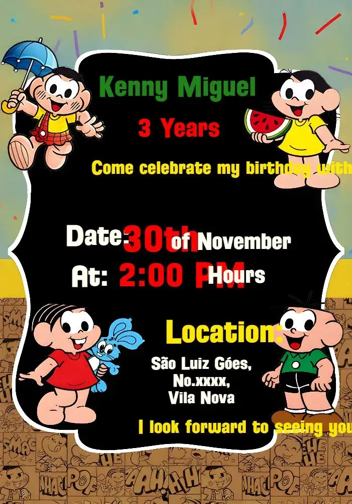 Invitation Turma Da Mônica Verde – Kids' Birthday Party theme colorful, fun, childish, modern, playful
