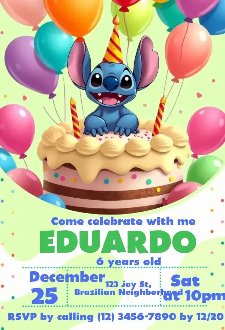 Invitation Stitch Balloons – Kids' Birthday Party theme colorful, fun, themed, childlike, vibrant