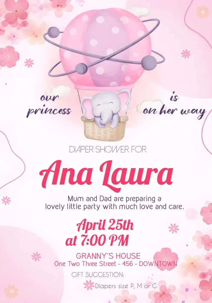 Invitation Baby Shower - Pink Balloon Bear Girl Delicate – Diaper Shower theme pink, delicate, childlike, fun, cute, modern
