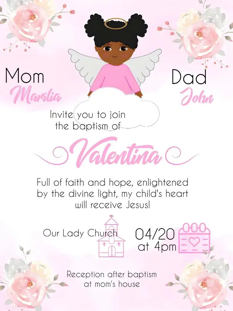 Invitation Godfather Baptism – Baptism theme floral, pink, white, little angels, delicate, childish