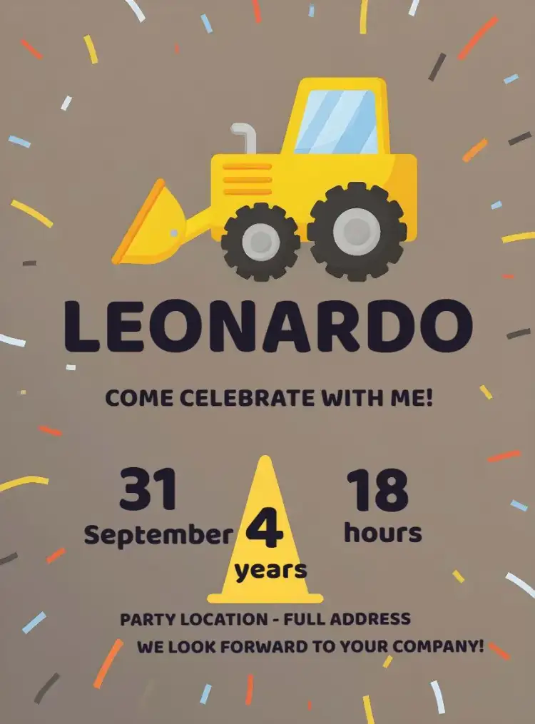 Invitation Construction Excavator Tractor Kids – Raffle Tea theme construction theme, children's theme, vibrant colors, graphic elements, fun-filled, modern style