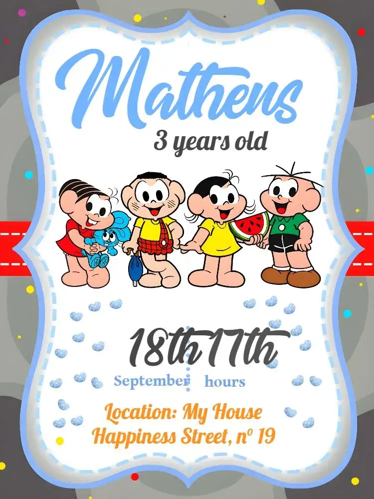 Invitation Turma Da Mônica White – Kids' Birthday Party theme striped, colorful, fun, childish, nostalgic, themed