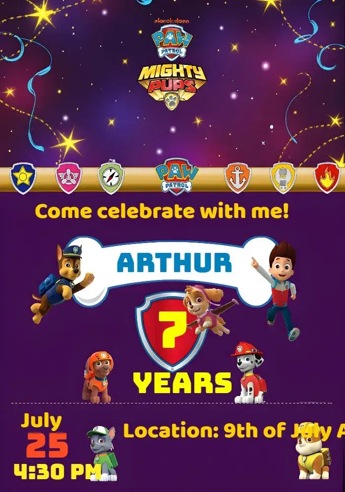 Invitation Paw Patrol Movie – Kids' Birthday Party theme colorful, fun-filled, themed, child-friendly, animals, adventure