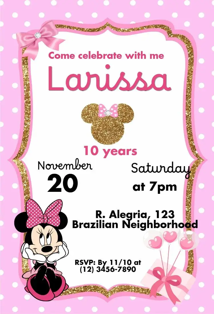 Invitation Minnie Pink – Kids' Birthday Party theme pink, glitter, polka dots, children's, fun
