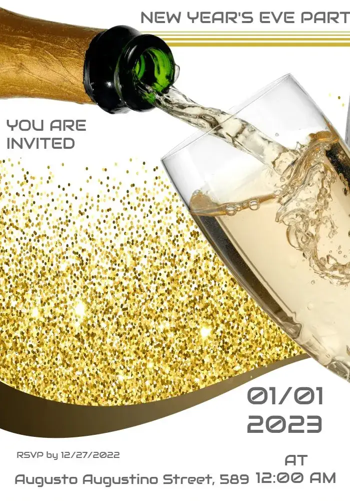 Invitation Pour New Year's Liquid Party – Commemorative Dates theme golden, white, brown, modern, festive, elegant