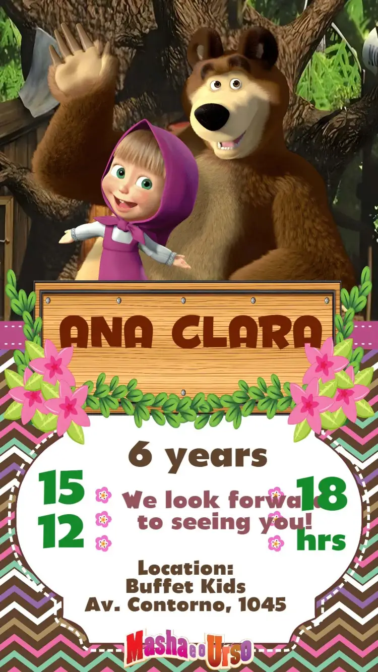 Invitation Masha and the Bear – Kids' Birthday Party theme colorful, fun, childlike illustration, nature-themed, playful