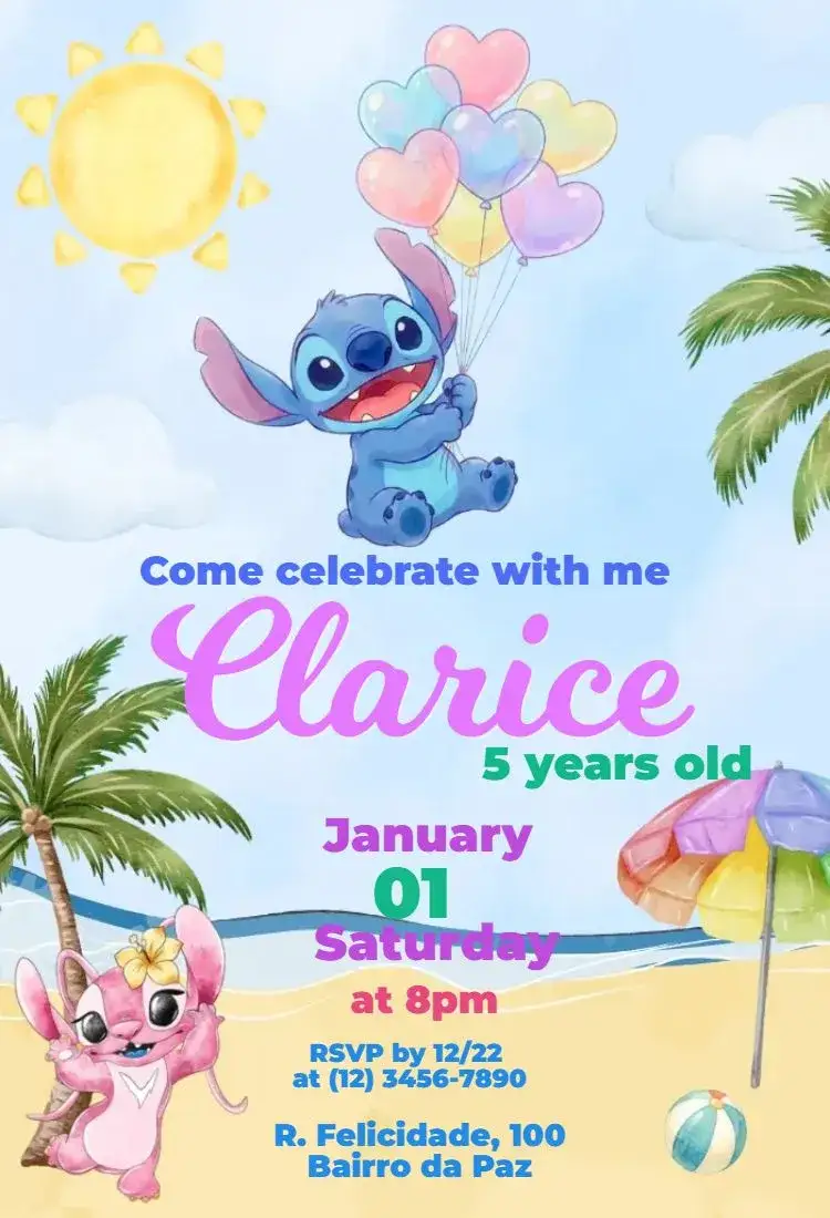 Invitation Stitch and Angel Balloons – Most searched for theme Vibrant colors, Fun style, Graphic elements of balloons, Inspired by cartoons, Cheerful visual, Tropical theme