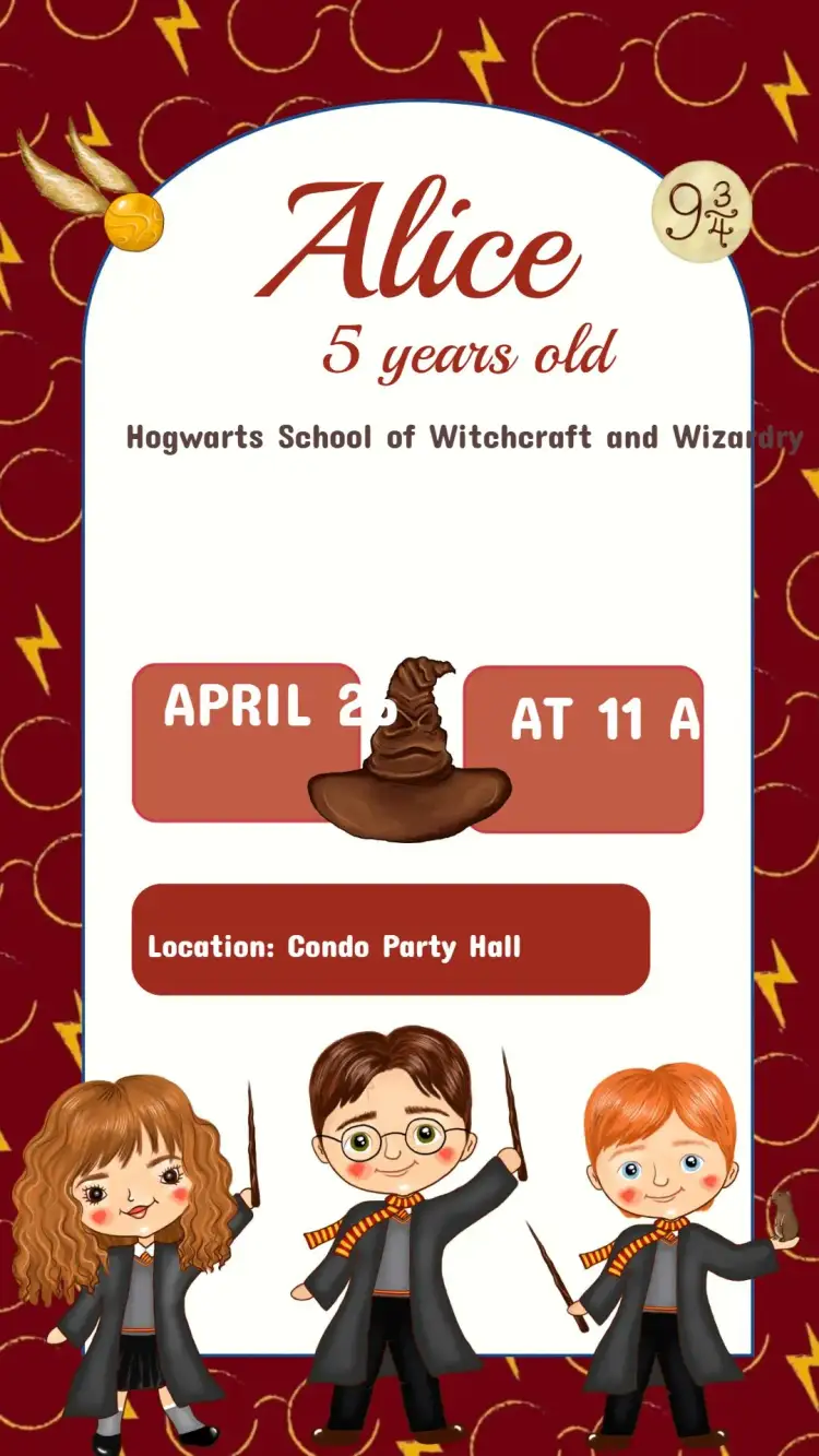 Invitation Harry Potter Birthday Invitation – Kids' Birthday Party theme magical, fantasy-themed, colorful, witchcraft illustrations, Harry Potter universe elements
