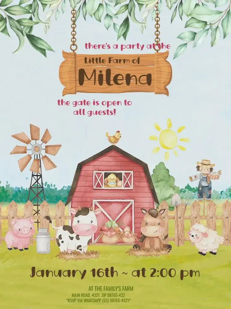 Invitation Pink Farm Theme – Kids' Birthday Party theme watercolor, rural, floral, playful, colorful, nature