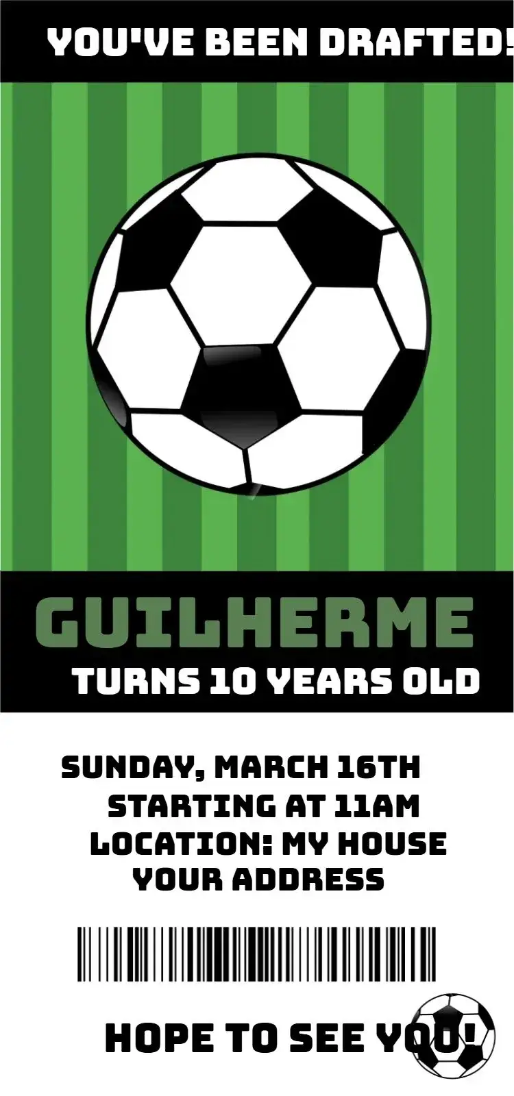 Invitation Soccer 5 – Birthday theme green and yellow, modern, dynamic, sporty, fun