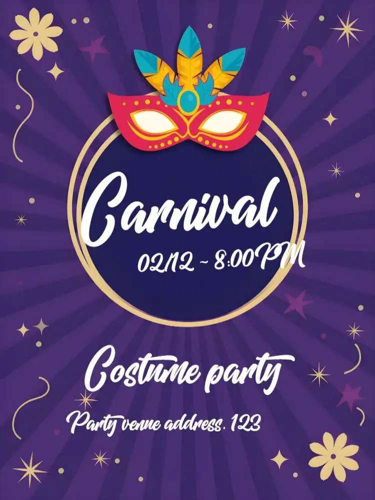 Invitation Carnival Ball – Commemorative Dates theme vibrant purple, masks, colorful confetti, samba, festive, fun