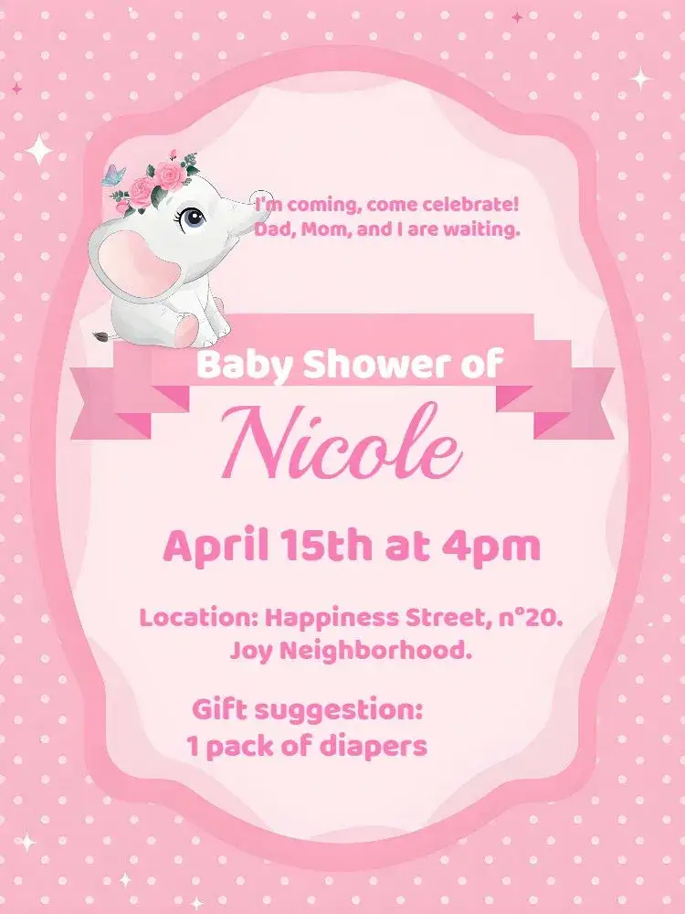 Invitation Elephant Girl Baby Shower – Bridal Shower theme pink and white, playful, childlike, cute, minimalist