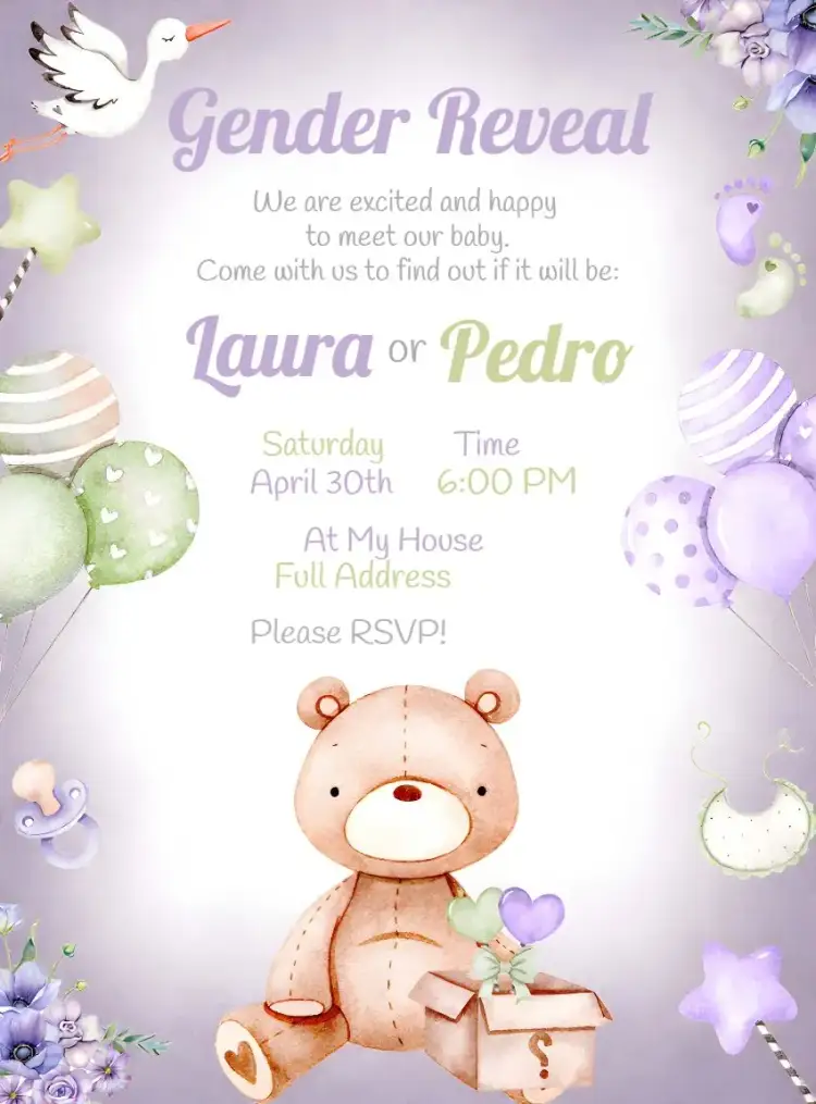 Invitation Garça Gender Reveal – Gender Reveal theme floral, modern, colorful, delicate, fun