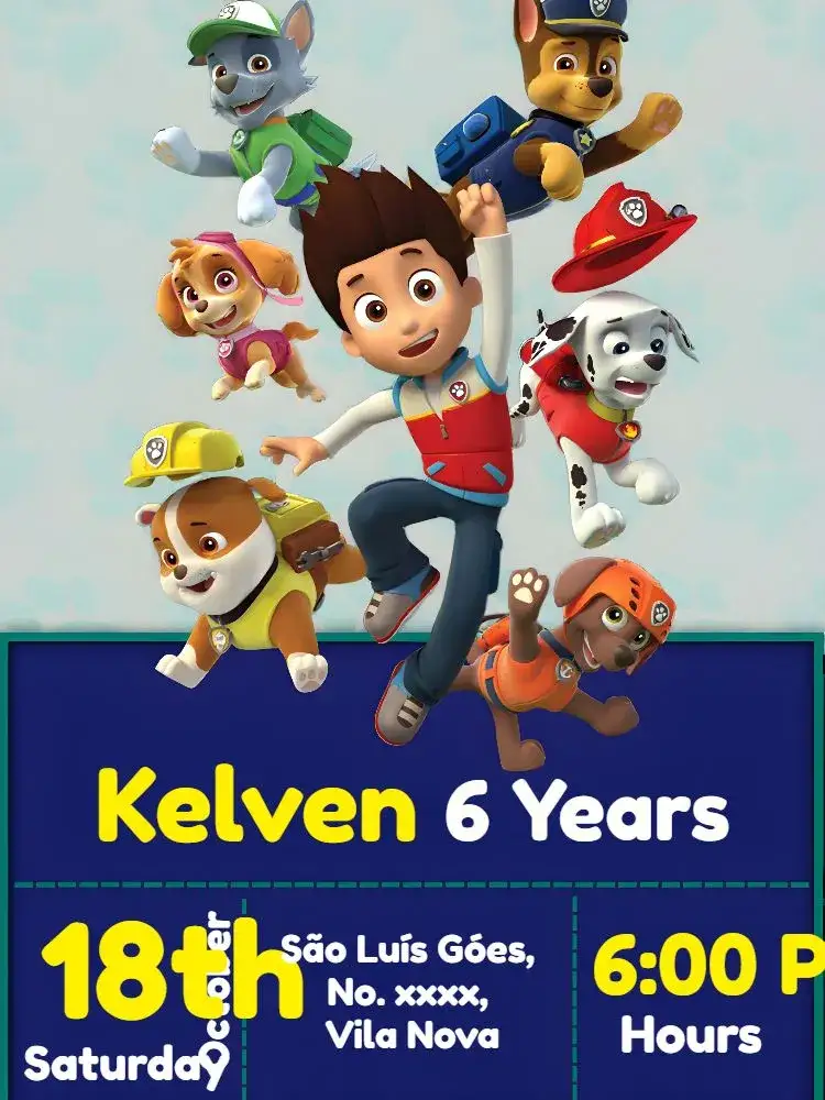 Invitation Green Paw Patrol – Kids' Birthday Party theme fun, colorful, themed, childlike, watercolor