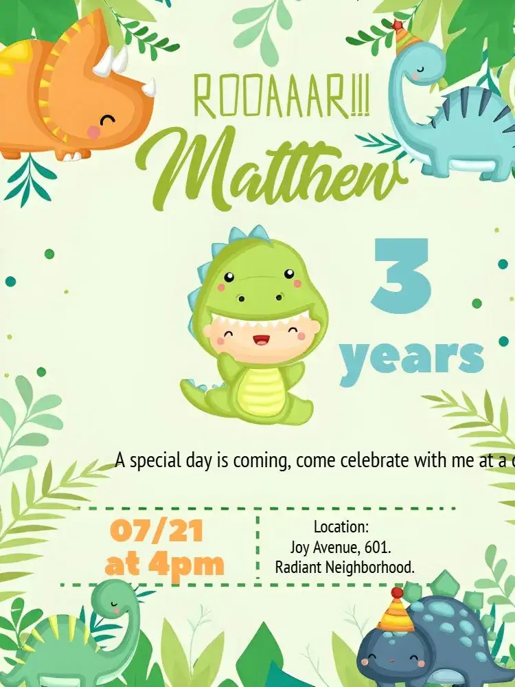 Invitation Dinosaur Baby Jungle – Most searched for theme playful style, vibrant colors, dinosaur graphic elements, tropical, digital art, jungle-inspired