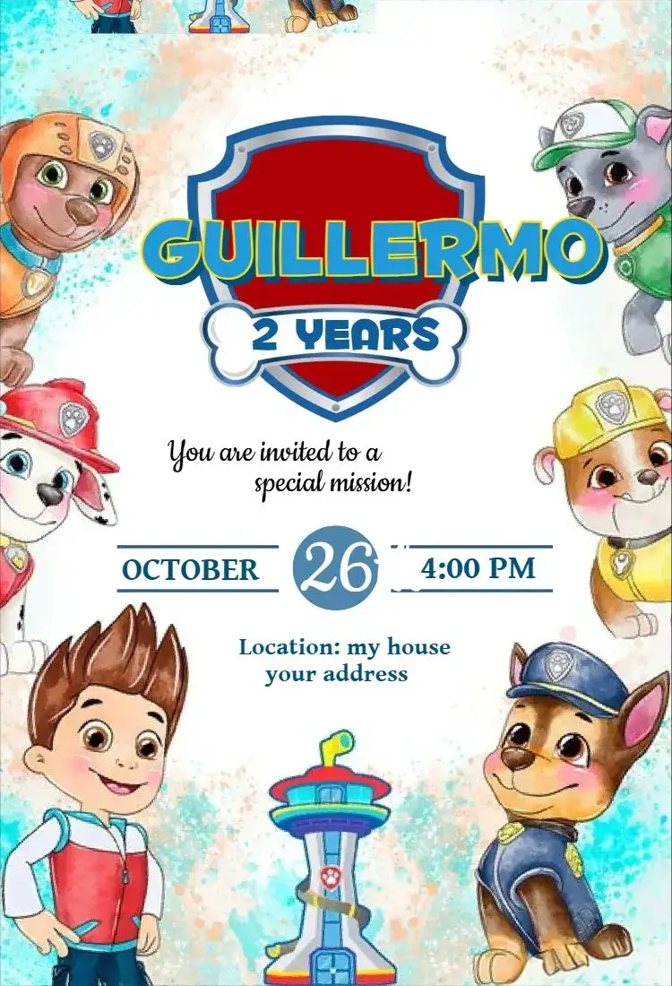 Invitation Paw Patrol 4 – Birthday theme aquarela, colorido, divertido, infantil, temático