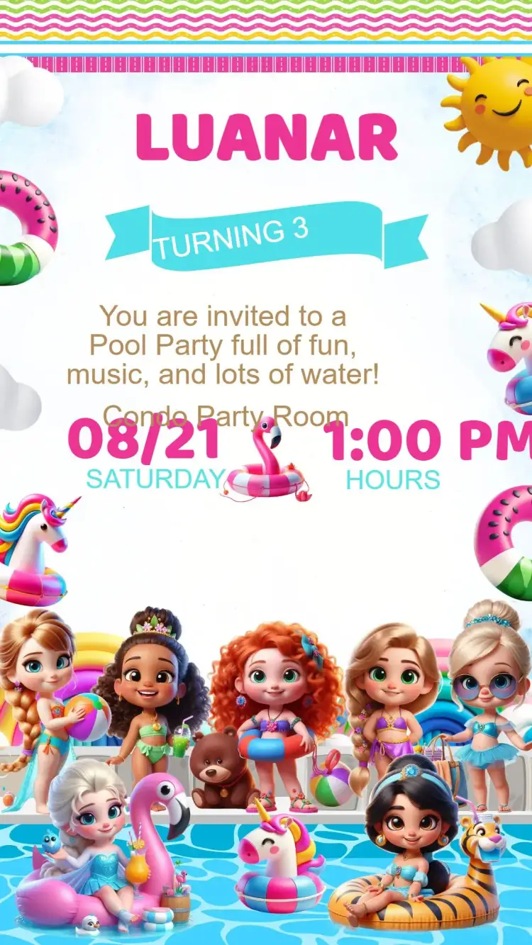 Invitation Birthday Invitation Princesses Pool Party – Sweet 15 theme colorful, playful, princess, fun-filled, tropical, festive
