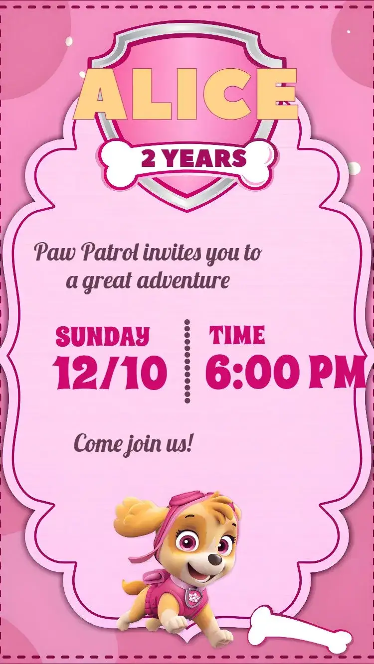 Invitation Patrol Canine Skye Pink – Kids' Birthday Party theme pink, lilac, fun, childish, colorful, themed