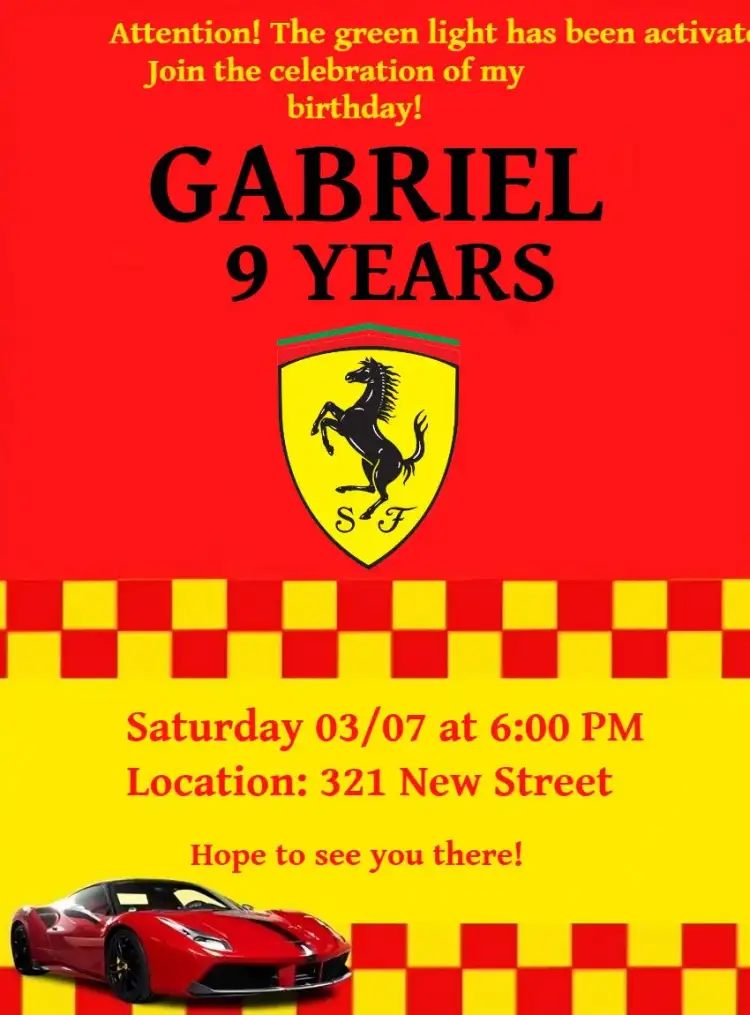 Invitation Ferrari Online – Most searched for theme red, yellow, automotive, fun, modern