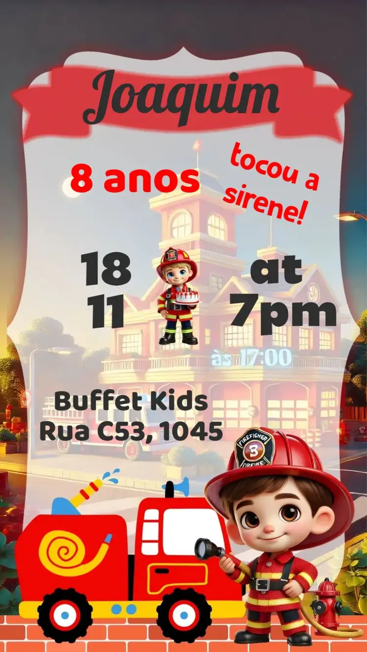 Invitation Firefighter – Kids' Birthday Party theme vibrant colors, fun style, firefighter elements, playful illustrations, cheerful design, adventure theme