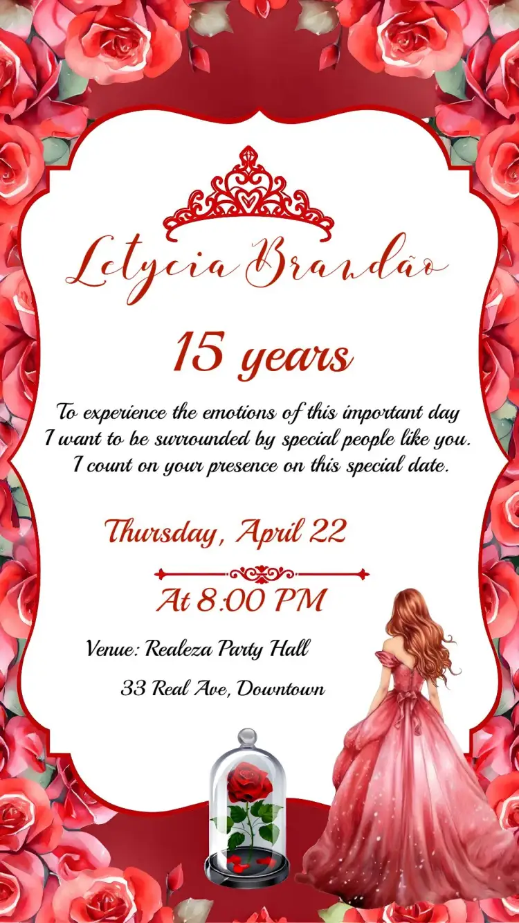 Invitation Floral Debutante – Sweet 15 theme floral, red, elegant, modern, romantic, classic