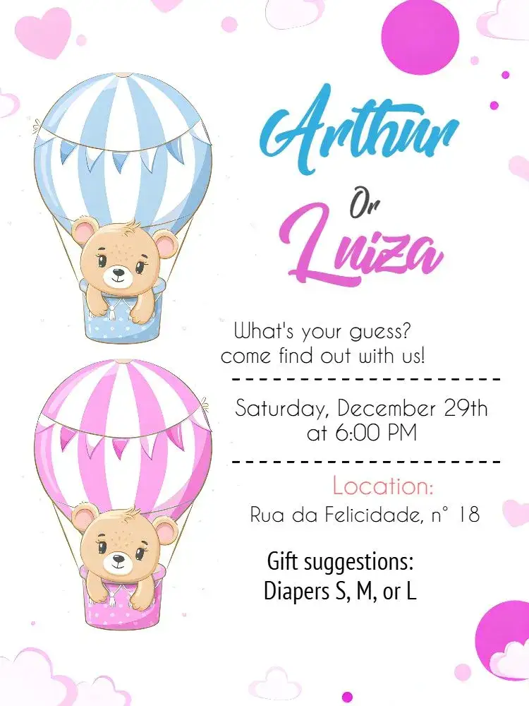 Invitation Teddy Bear Balloonists White Gender Reveal Tea Party – Gender Reveal theme colorful, childlike, fun, modern, cute, playful