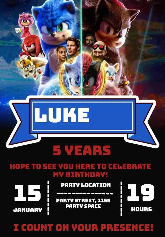 Sonic The Hedgehog Party invitation