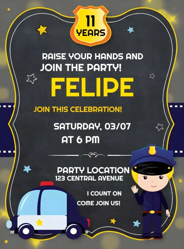 Invitation Digital Police – Most searched for theme yellow, blue, white, fun, themed, modern