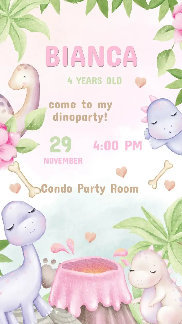Dinosaur Girl Kids Birthday Invitation