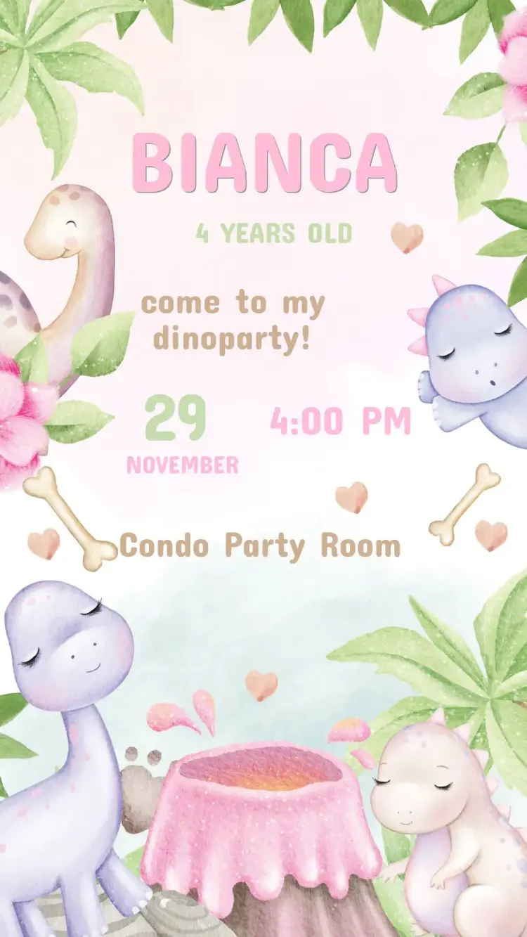 Dinosaur Girl Kids Birthday Invitation