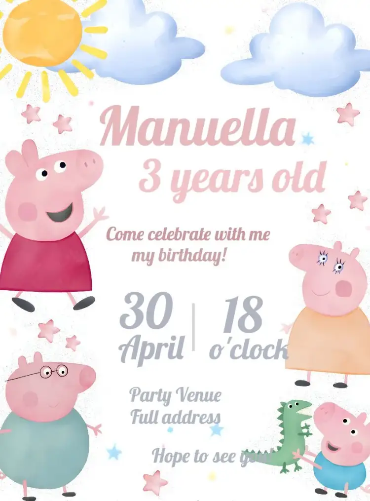 Invitation Peppa Pig George – Most searched for theme vibrant colors, playful illustrations, childlike style, Peppa's graphic elements, fun design, pink theme