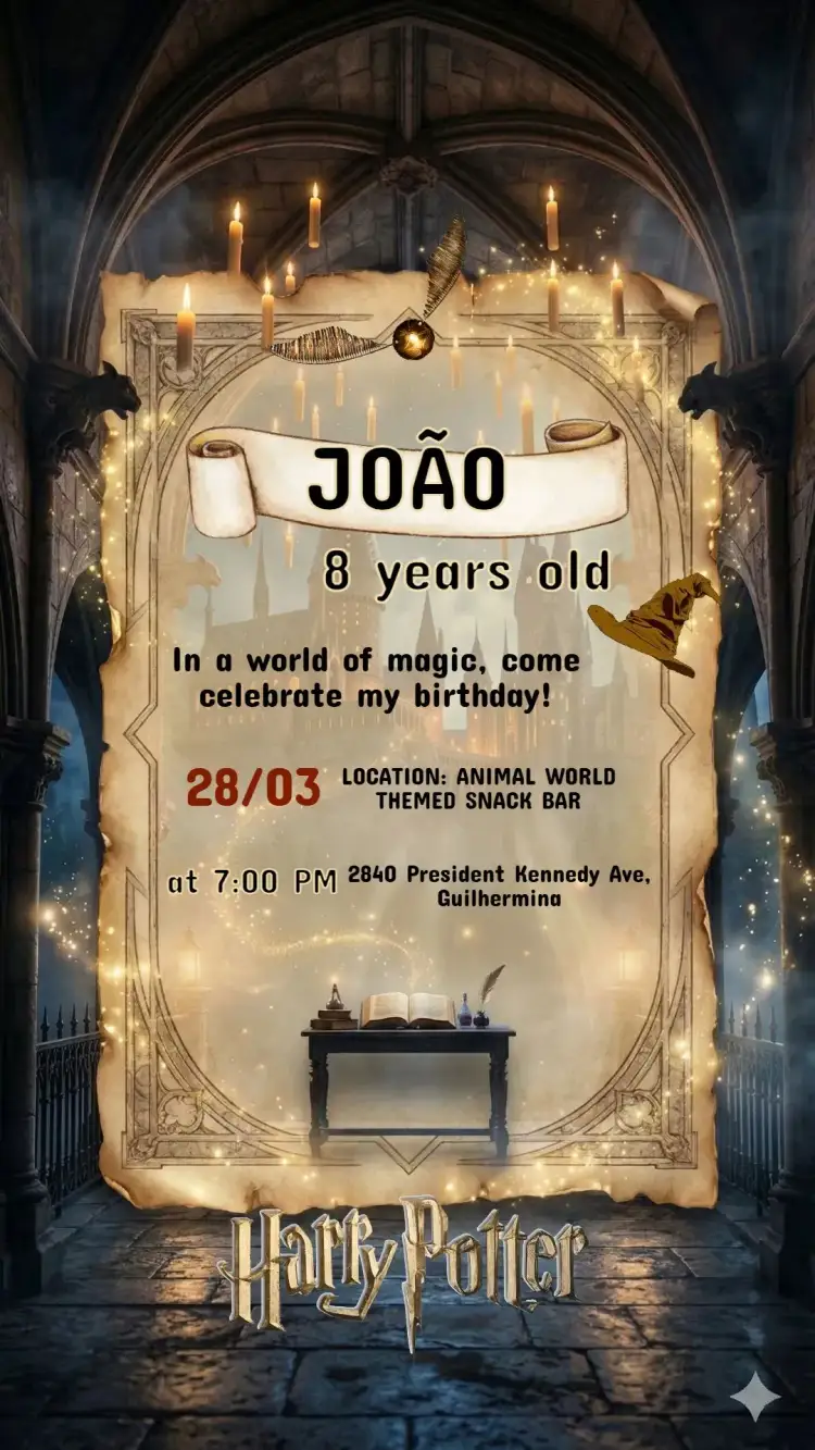 Invitation Harry Potter Kids Birthday Invitation – Kids' Birthday Party theme magical, fantasy, witchcraft, vintage, colorful, charming illustrations