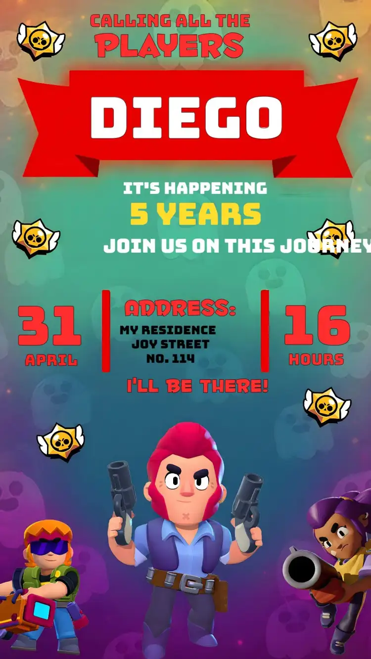 Invitation Brawl Stars Game – Most searched for theme red, gamer, futuristic, adventurous, colorful