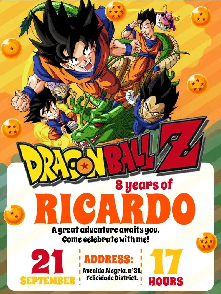 Invitation Dragon Ball Z Yellow Goku – Most searched for theme vibrant yellow, anime, adventure theme, cartoon characters, modern style, action graphic elements