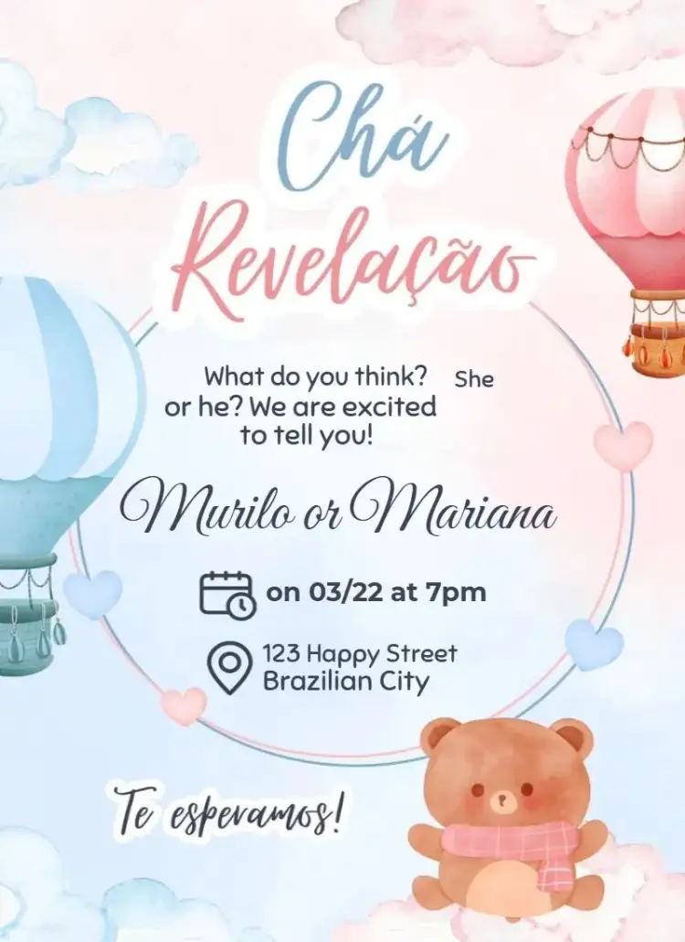 Invitation Balloons and Clouds – Gender Reveal theme playful, colorful, fun-filled, soft, childlike, contemporary