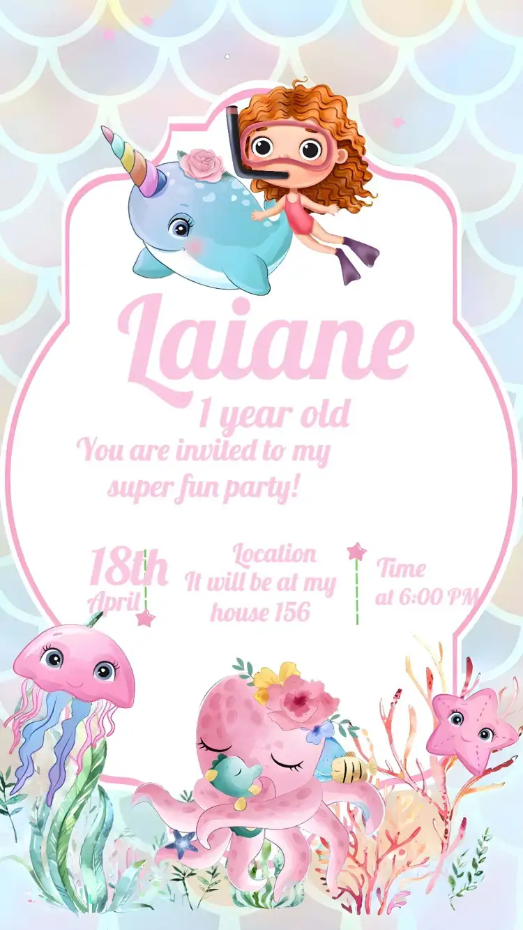 Invitation Pink Under the Sea – Kids' Birthday Party theme watercolor, navy blue, pink, delicate, colorful, childlike