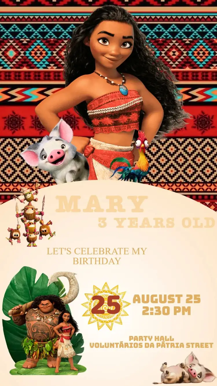 Invitation Moana Birthday Invitation – Kids' Birthday Party theme tropical, navy, colorful, Disney, adventure, illustrative