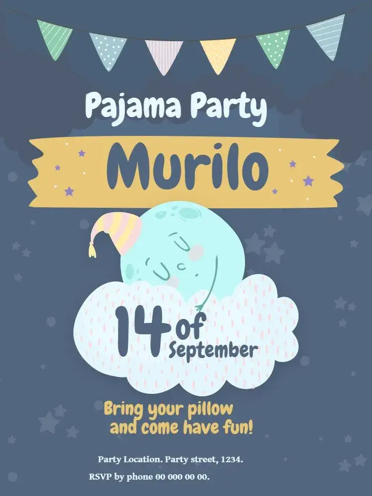 Invitation Pajama Party Moon – Birthday theme starry night, soft colors, childish elements, playful illustrations, delicate design