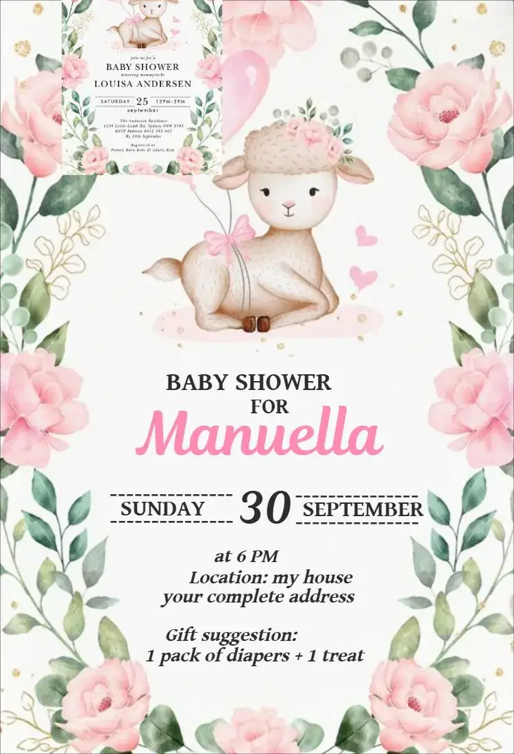 Invitation Sheep Baby Shower for a Girl – Diaper Shower theme watercolor, rose, floral, delicate, childlike, affectionate