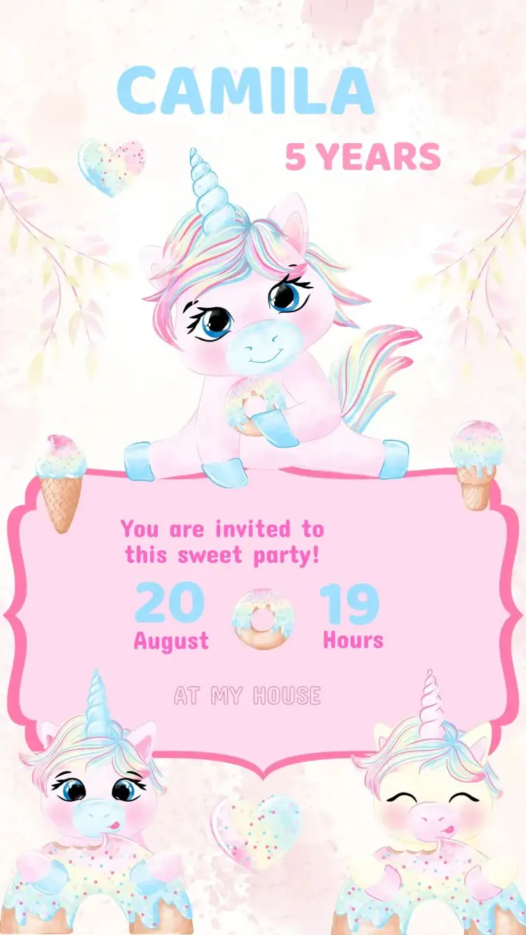 Invitation Unicorn Birthday Invitation – Kids' Birthday Party theme pastel colors, bright, fantasy, playful illustrations, colorful, magical