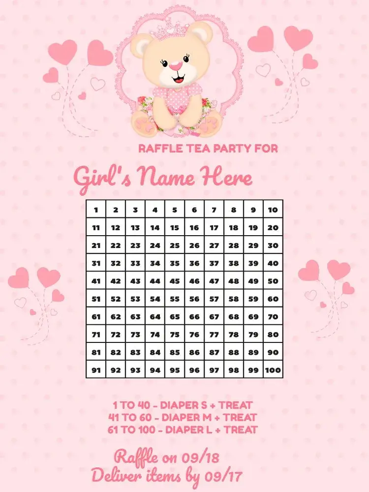 Princess Teddy Bear Raffle Tea invitation