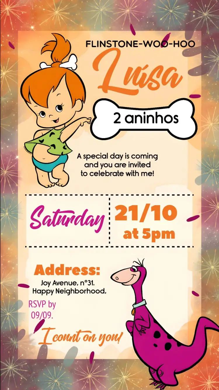 Invitation Pedrita Roxo – Kids' Birthday Party theme colorful, playful, themed, vibrant, fun, childlike