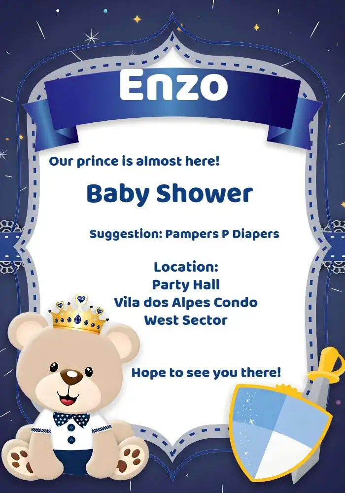 Invitation Baby Shower Little Prince White Bear – Diaper Shower theme light blue, white, teddy bear, prince, playful illustration, elegant style