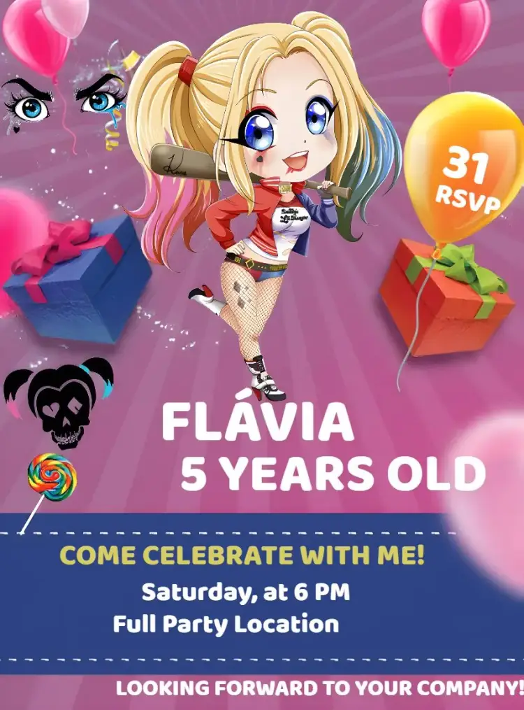 Harley Quinn Bat invitation