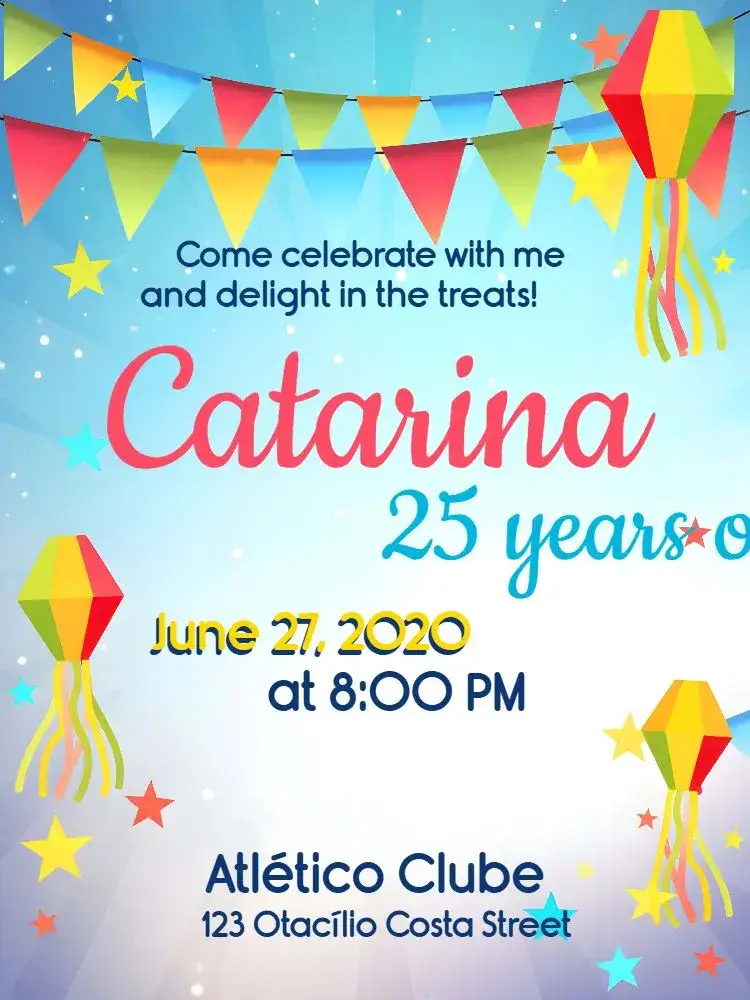 Invitation June Party Arraiá Bandeirinha – Commemorative Dates theme colorful, country-style, vintage, traditional, festive
